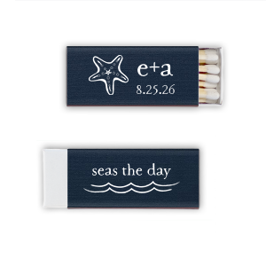 Embrace the wonder of the ocean with the Starfish Matchbook. Showcasing a beautifully detailed starfish, this design symbolizes renewal and regeneration, capturing the magic of nature’s resilience. Personalize with names and dates to add a touch of beachy elegance to your special event.