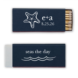 Embrace the wonder of the ocean with the Starfish Matchbook. Showcasing a beautifully detailed starfish, this design symbolizes renewal and regeneration, capturing the magic of nature’s resilience. Personalize with names and dates to add a touch of beachy elegance to your special event.
