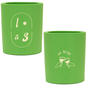 Destination Mexico The Sunburst Initial & Toasting Glass Can Cooler features an oval frame with classic initials, a subtle star accent, and a toast illustration with the date on the reverse. Slip it on to keep drinks chilled while celebrating in style. Fitting for weddings and engagement parties!
