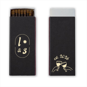 The Sunburst Initial & Toasting Glass Matchbox features sunburst icons and elegant crest illustrations with an “established” text detail. Commemorate your milestone by customizing the established date and initials for a truly personal party favor. Excellent for wedding receptions and galas!