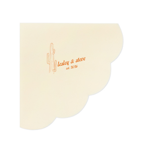 The Desert Sunburst Cactus Napkin features a minimalist cactus illustration and rustic typography of the couple’s names and event date for a charming western-inspired touch. Customize yours to bring personality and cohesive style to your celebration. A natural choice for weddings or outdoor receptions.