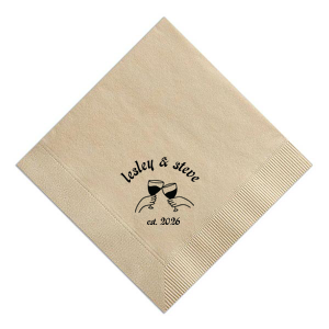 This Minimalist Cheers Names and Date Cocktail Napkin features soft beige paper, clinking glass illustrations, with your names and an establishing date in a clean circular layout. Add a simple, personalized touch guests will appreciate. Perfect for weddings, engagement parties, or anniversary celebrations.