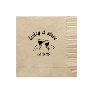 This Minimalist Cheers Names and Date Cocktail Napkin features soft beige paper, clinking glass illustrations, with your names and an establishing date in a clean circular layout. Add a simple, personalized touch guests will appreciate. Perfect for weddings, engagement parties, or anniversary celebrations.