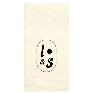 The Sunburst Initial Napkin features bold initials framed by a modern oval emblem with a sunburst accent. Add it to your powder room or dining table to create a polished, custom look guests will notice. Perfect for weddings, housewarmings, or elevated entertaining!