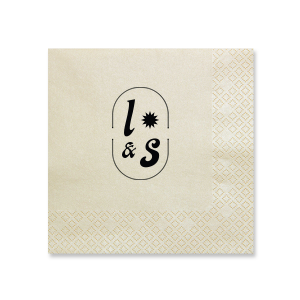 The Sunburst Initial Napkin features bold initials framed by a modern oval emblem with a sunburst accent. Add it to your powder room or dining table to create a polished, custom look guests will notice. Perfect for weddings, housewarmings, or elevated entertaining!
