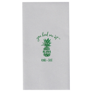 Capture the magic of love with the You had Me at Aloha Napkin. Featuring a charming pineapple graphic with "Aloha" banded across it, this design gives a playful twist to a classic romantic movie line. Perfect for couples who want to add a touch of Hawaiian charm to their special day.