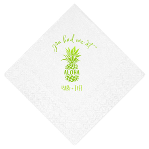 Capture the magic of love with the You had Me at Aloha Napkin. Featuring a charming pineapple graphic with "Aloha" banded across it, this design gives a playful twist to a classic romantic movie line. Perfect for couples who want to add a touch of Hawaiian charm to their special day.
