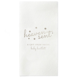 Celebrate the miracle of a new arrival with the Heaven Sent Napkin. This whimsical design features the tender phrase ‘heaven sent’ in a dreamy lower case script, adorned with stars as if floating in the sky. Perfect for baby showers or gender reveal parties, this napkin encapsulates the joy and wonder of welcoming a new life.