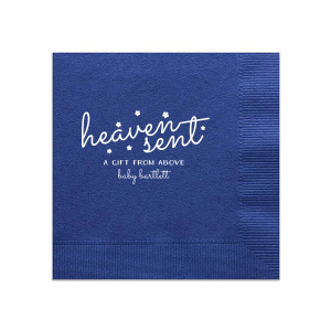 Celebrate the miracle of a new arrival with the Heaven Sent Napkin. This whimsical design features the tender phrase ‘heaven sent’ in a dreamy lower case script, adorned with stars as if floating in the sky. Perfect for baby showers or gender reveal parties, this napkin encapsulates the joy and wonder of welcoming a new life.