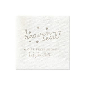 Celebrate the miracle of a new arrival with the Heaven Sent Napkin. This whimsical design features the tender phrase ‘heaven sent’ in a dreamy lower case script, adorned with stars as if floating in the sky. Perfect for baby showers or gender reveal parties, this napkin encapsulates the joy and wonder of welcoming a new life.