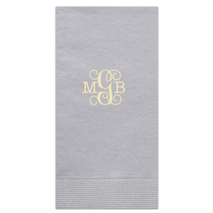 Embrace elegance with the Scrolled Vines Monogram Initials Napkin, which showcases a stunning monogram in the lower right. The middle initial, dramatically flourished and prominent, is beautifully flanked by formal capitals. A statement of elegance, flair, and beauty, this napkin elevates any event with its dramatic and artistic touch.