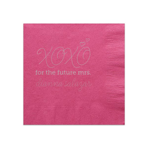 Embrace the excitement with the XOXO Bridal Shower Napkin featuring playful swirls, hugs, and kisses. 'For the future mrs.' and the bride-to-be's name below celebrate her journey to the aisle in a flurry of affection and anticipation.