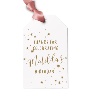Celebrate your upcoming event with this letterpress gift tag. The sparkle motif will add razzle dazzle to your gift bag or candy bag. Personalize this gift tag with your name and the event you are celebrating!