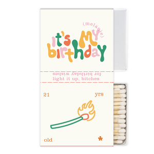 Celebrate your birthday with a funky custom matchbox! This full color design features a groovy font, a modern match drawing, and space to customize your name.