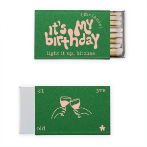 The It's My Birthday Cheers Matches features oversized bubbly lettering paired with irreverent celebratory phrases, clinking glasses, and playful numeric text that leans loud and confident. Choose it to lighten the party mood and invite guests to “light it up” too. Just right for milestone birthdays.