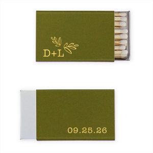 Spark warmth with the Leaf Accent Wedding Match, featuring whimsical hand-drawn leaves for a whimsical botanical touch. Simple initials and the special date adorn this charming matchbox, perfect for sweetening the ambiance of your enchanting wedding day.