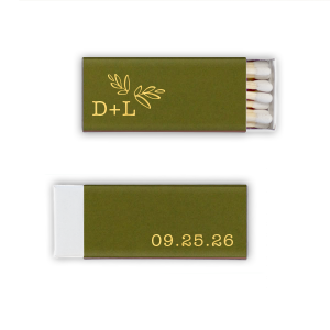 Spark warmth with the Leaf Accent Wedding Match, featuring whimsical hand-drawn leaves for a whimsical botanical touch. Simple initials and the special date adorn this charming matchbox, perfect for sweetening the ambiance of your enchanting wedding day.