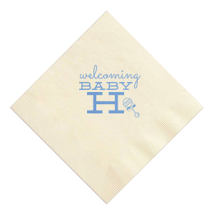 Celebrate new life with the Welcoming Baby Initial Napkin, featuring a big, bold, initial alongside an adorable rattle graphic. Set in whimsical script, this design perfectly captures the joy and excitement of welcoming a new baby, adding a charming touch to your special celebration.