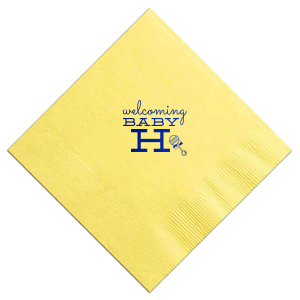 Celebrate new life with the Welcoming Baby Initial Napkin, featuring a big, bold, initial alongside an adorable rattle graphic. Set in whimsical script, this design perfectly captures the joy and excitement of welcoming a new baby, adding a charming touch to your special celebration.