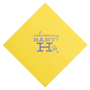 Celebrate new life with the Welcoming Baby Initial Napkin, featuring a big, bold, initial alongside an adorable rattle graphic. Set in whimsical script, this design perfectly captures the joy and excitement of welcoming a new baby, adding a charming touch to your special celebration.