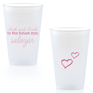 Customize Clink & Drink cups for a smashing addition to your bridal shower or bachelorette party! The Fuchsia print, hand lettered script and little hearts give a playful feminine touch your bride will love. Fun in the moment, they also make fabulous personalized party favors.