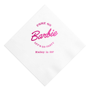 This Barbie Birthday Napkin features a playful slogan reading “Come on Barbie, let’s go party!” with a customizable name and age. Order yours to elevate your themed gathering and delight guests with a fun, stylish touch. Just right for birthday bashes or girls’ night celebrations.