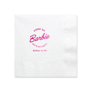This Barbie Birthday Napkin features a playful slogan reading “Come on Barbie, let’s go party!” with a customizable name and age. Order yours to elevate your themed gathering and delight guests with a fun, stylish touch. Just right for birthday bashes or girls’ night celebrations.