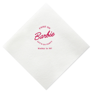 This Barbie Birthday Napkin features a playful slogan reading “Come on Barbie, let’s go party!” with a customizable name and age. Order yours to elevate your themed gathering and delight guests with a fun, stylish touch. Just right for birthday bashes or girls’ night celebrations.
