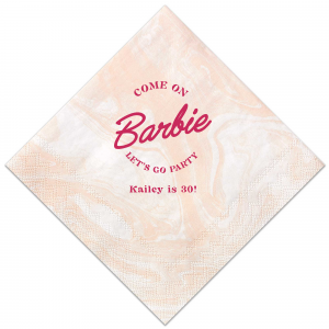 This Barbie Birthday Napkin features a playful slogan reading “Come on Barbie, let’s go party!” with a customizable name and age. Order yours to elevate your themed gathering and delight guests with a fun, stylish touch. Just right for birthday bashes or girls’ night celebrations.