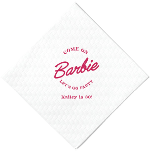 This Barbie Birthday Napkin features a playful slogan reading “Come on Barbie, let’s go party!” with a customizable name and age. Order yours to elevate your themed gathering and delight guests with a fun, stylish touch. Just right for birthday bashes or girls’ night celebrations.