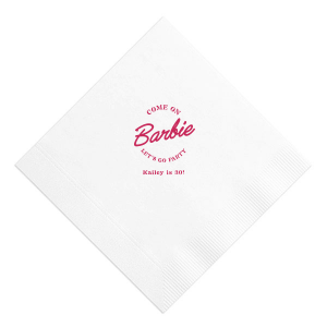 This Barbie Birthday Napkin features a playful slogan reading “Come on Barbie, let’s go party!” with a customizable name and age. Order yours to elevate your themed gathering and delight guests with a fun, stylish touch. Just right for birthday bashes or girls’ night celebrations.