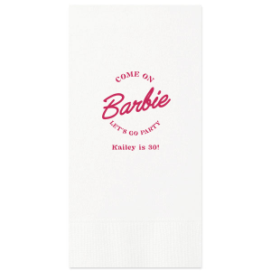 This Barbie Birthday Napkin features a playful slogan reading “Come on Barbie, let’s go party!” with a customizable name and age. Order yours to elevate your themed gathering and delight guests with a fun, stylish touch. Just right for birthday bashes or girls’ night celebrations.