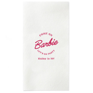 This Barbie Birthday Napkin features a playful slogan reading “Come on Barbie, let’s go party!” with a customizable name and age. Order yours to elevate your themed gathering and delight guests with a fun, stylish touch. Just right for birthday bashes or girls’ night celebrations.