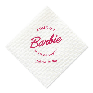 This Barbie Birthday Napkin features a playful slogan reading “Come on Barbie, let’s go party!” with a customizable name and age. Order yours to elevate your themed gathering and delight guests with a fun, stylish touch. Just right for birthday bashes or girls’ night celebrations.