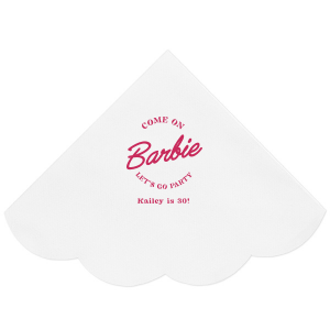 This Barbie Birthday Napkin features a playful slogan reading “Come on Barbie, let’s go party!” with a customizable name and age. Order yours to elevate your themed gathering and delight guests with a fun, stylish touch. Just right for birthday bashes or girls’ night celebrations.