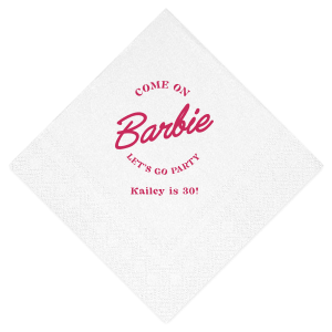 This Barbie Birthday Napkin features a playful slogan reading “Come on Barbie, let’s go party!” with a customizable name and age. Order yours to elevate your themed gathering and delight guests with a fun, stylish touch. Just right for birthday bashes or girls’ night celebrations.