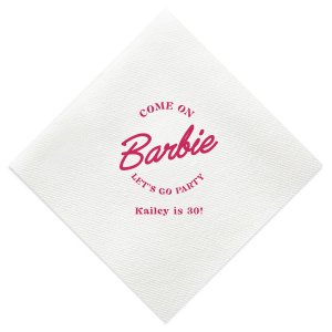This Barbie Birthday Napkin features a playful slogan reading “Come on Barbie, let’s go party!” with a customizable name and age. Order yours to elevate your themed gathering and delight guests with a fun, stylish touch. Just right for birthday bashes or girls’ night celebrations.