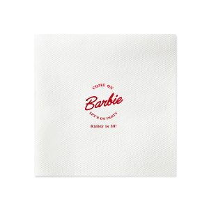 This Barbie Birthday Napkin features a playful slogan reading “Come on Barbie, let’s go party!” with a customizable name and age. Order yours to elevate your themed gathering and delight guests with a fun, stylish touch. Just right for birthday bashes or girls’ night celebrations.