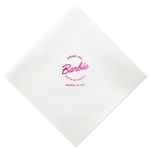 This Barbie Birthday Napkin features a playful slogan reading “Come on Barbie, let’s go party!” with a customizable name and age. Order yours to elevate your themed gathering and delight guests with a fun, stylish touch. Just right for birthday bashes or girls’ night celebrations.