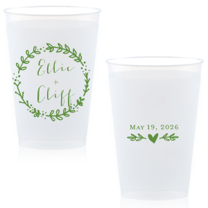 This Wreath Names Cup features a romantic botanical wreath surrounding the couple’s names on one side and a sweet heart accent with a special date on the other. Order a set to serve drinks with a charming, custom touch guests will love. Lovely for wedding receptions!