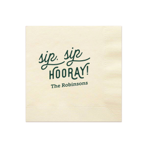The Retro Sip Sip Napkin design combines whimsy with nostalgia. "sip sip" in an artistic, flourished script evokes a retro feel, while "HOORAY" in bold all-caps exudes celebratory enthusiasm. Below, the family name adds a personal touch to this charming and fun design.