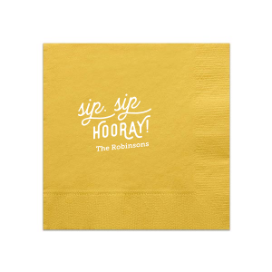 The Retro Sip Sip Napkin design combines whimsy with nostalgia. "sip sip" in an artistic, flourished script evokes a retro feel, while "HOORAY" in bold all-caps exudes celebratory enthusiasm. Below, the family name adds a personal touch to this charming and fun design.