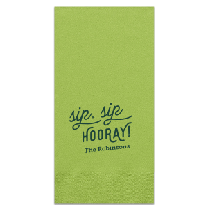 The Retro Sip Sip Napkin design combines whimsy with nostalgia. "sip sip" in an artistic, flourished script evokes a retro feel, while "HOORAY" in bold all-caps exudes celebratory enthusiasm. Below, the family name adds a personal touch to this charming and fun design.