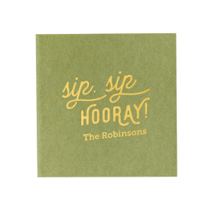 The Retro Sip Sip Napkin design combines whimsy with nostalgia. "sip sip" in an artistic, flourished script evokes a retro feel, while "HOORAY" in bold all-caps exudes celebratory enthusiasm. Below, the family name adds a personal touch to this charming and fun design.