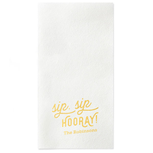 The Retro Sip Sip Napkin design combines whimsy with nostalgia. "sip sip" in an artistic, flourished script evokes a retro feel, while "HOORAY" in bold all-caps exudes celebratory enthusiasm. Below, the family name adds a personal touch to this charming and fun design.