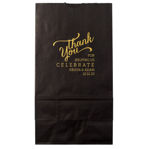 Express heartfelt gratitude with the Thank You For Bag adorned with a graceful, flourished 'Thank You' above the couple's details in a modern block script. Ideal for parting gifts, this bag embodies appreciation, making every farewell memorable.