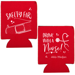 ForYourParty's chic Red Flat Can Cooler with Matte White Ink Cup Ink Colors has a Bandaid graphic and a Stethescope Heart graphic and is good for use in Graduation, Hearts themed parties and can be customized to complement every last detail of your party.