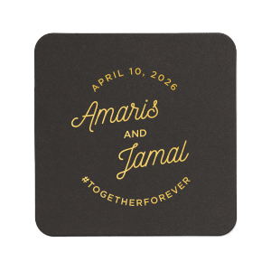 Toast to elegance with the Elegant Modern Script Name & Hashtag Coaster, where love circles timelessly. The couple's names dance in a chic script, crowned by the celebration date and grounded with a bespoke hashtag, inviting guests to share the joy. It's a classy touch to any refined celebration. 