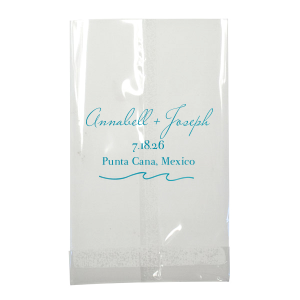 "Embrace the seaside spirit with the Beach Wave Gift Bag featuring a sleek wave design. Personalize with three lines of text to conjure the ocean's rhythm, creating a breezy, bespoke gift experience for your beach-themed celebration.