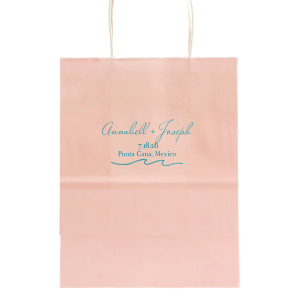 "Embrace the seaside spirit with the Beach Wave Gift Bag featuring a sleek wave design. Personalize with three lines of text to conjure the ocean's rhythm, creating a breezy, bespoke gift experience for your beach-themed celebration.
